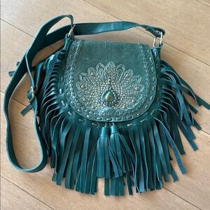 Jodi Lee Dues Peacock Bag Teal Fringed Leather Crossbody Bag